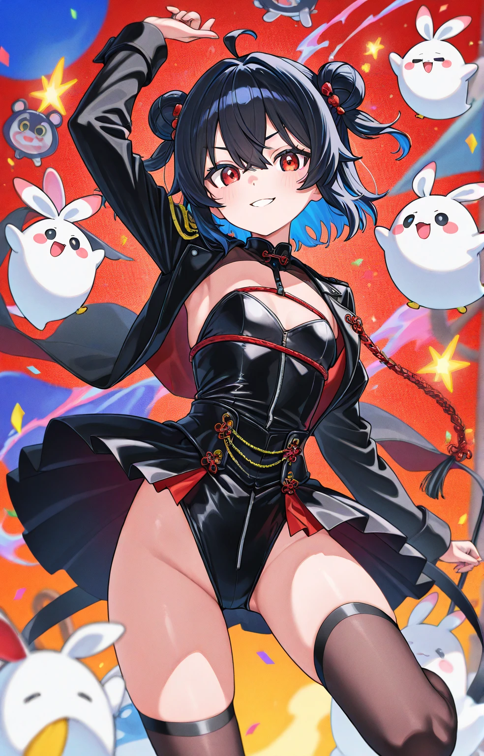 young girl with big thighs and medium sized ???????. with a jester suit, white and almost transparent pantyhose, and shoes with red cotton ????? in the center. the jester's costume must be black and white; including the jester's hat. The skin must be white and eyes, one black and a white glow. and a white eye with a light blue glow; and symbols of red diamonds on the cheeks. with a medium sized ???? and a slim waist. expression: exaggeratedly smiling smile. atmosphere: circus with lots of lights and fireworks