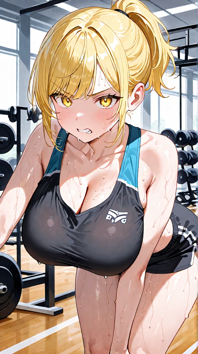 ((masterpiece)), ((high quality)), ((super detailed)), ((high resolution)) ,((8k)), a beautiful woman, ((She is one of the most famous female Gravure idol in the world.)), unparalleled beauty, ((huge breast)), ((large ass)), ((deep cleavage)), slim waist, chest out, ultra detailed face, perfect skin, (((Half-up hairstyle, Blonde Ponytail hair))), blue eyes, detailed eyes, whole body image, sexy, an inviting smile, sensual, (((anime))), ((glamorous)), sexual attraction, 26 years old, ((incredibly beautiful woman)), ((The H cup bust)), ((((sexy pose)))) , (((Sports Bra, Shorts))), ((beautiful breasts)), beautiful legs, 8 life size, anime, the most beautiful and strongest, ((charm)), ((Half Japanese and half British)), ((Grown-up face)), ((Open Finger Gloves, Five fingers)), ((Boxercise Gym, Karate practice, wet)),