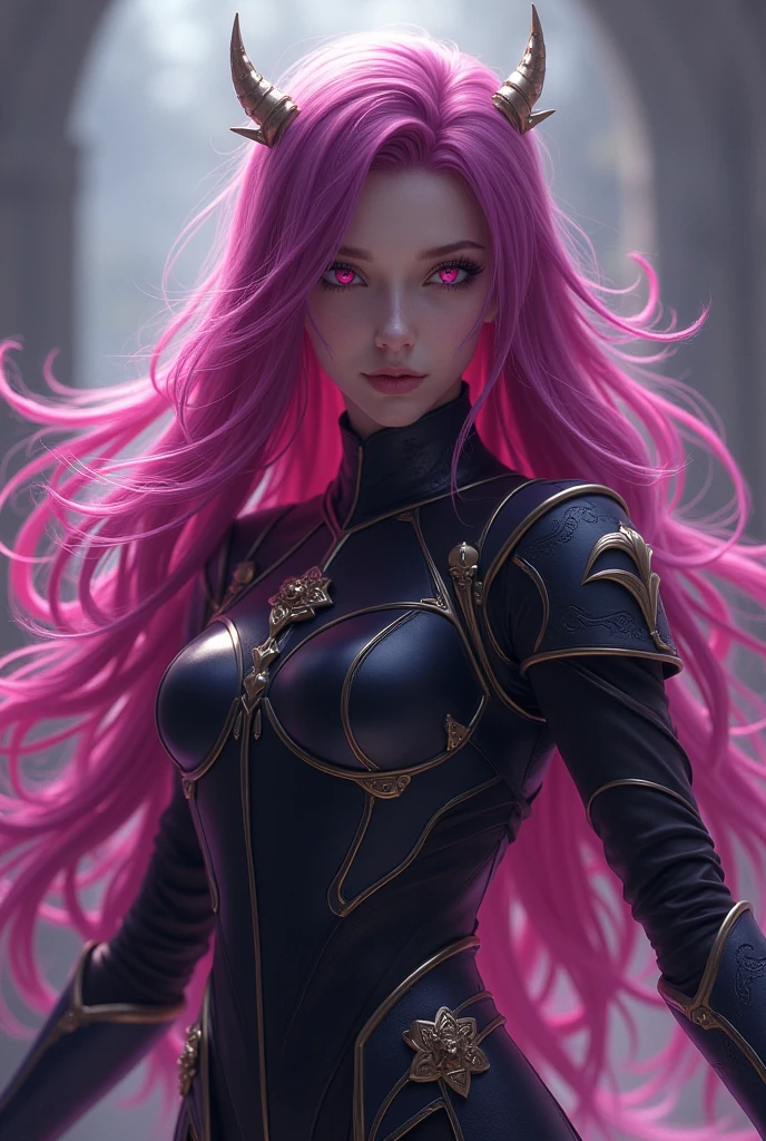 Woman, long curly hair, pink hair, blue eyes, sexy, dark clothes, dominant, sensual, serious expression, strong, Front body