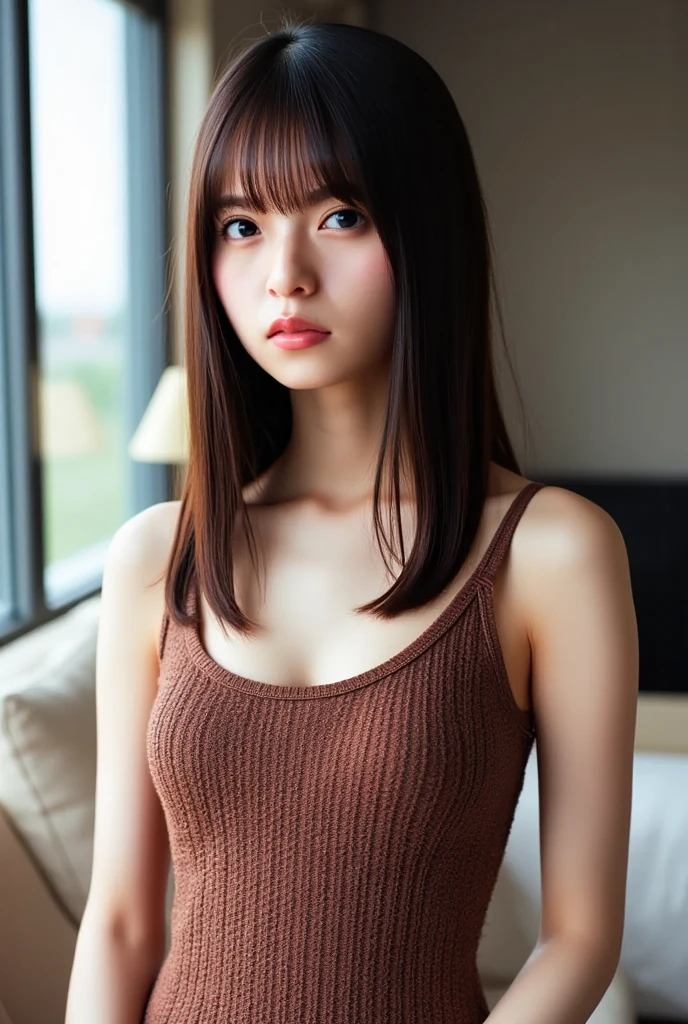 (独奏),1girl in、 (kawaii:1.3), (sepia colored hair, Front hair:1.2),
looking at the viewers、bangss、jewely、V-neck dresses、makeup、eye lashes、a necklace、hair wavy、Indoors、window、girl's own room、Cute interior、NaturalHand2-3500, Ultra-high-quality photos, RAW Photography, beautiful detailed face and eyes, (Photorealsitic:1.4), top-quality, hight resolution, realisitic, 16k, Caustics, Core Shadow, Dinamic Light, Beautiful and delicate lips, delicate finger, Detailed pupils, Real human skin, (ighly detailed),, (natural soft light:1.2),, masterpiece, top-quality, Nostalgic