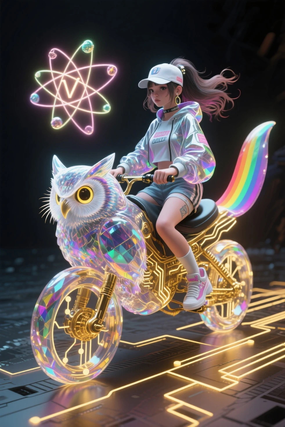 Transparent hip hop girl rides a rainbow crystal owl, （hip-hop costumes） Transparent ray tracing  , Magic Symbol, the transformation of material and immaterial, golden lines， in the style of Mike Winkelman, surrealism, Visual exaggeration , nanopunk , atomic punk , gather ,Circuit,Light Painting,♒︎, Unreal Engine ,Octane rendering,V-ray ,high detail , Super Quality ,high resolution,16K,ultra wide angle, bioluminescence ,