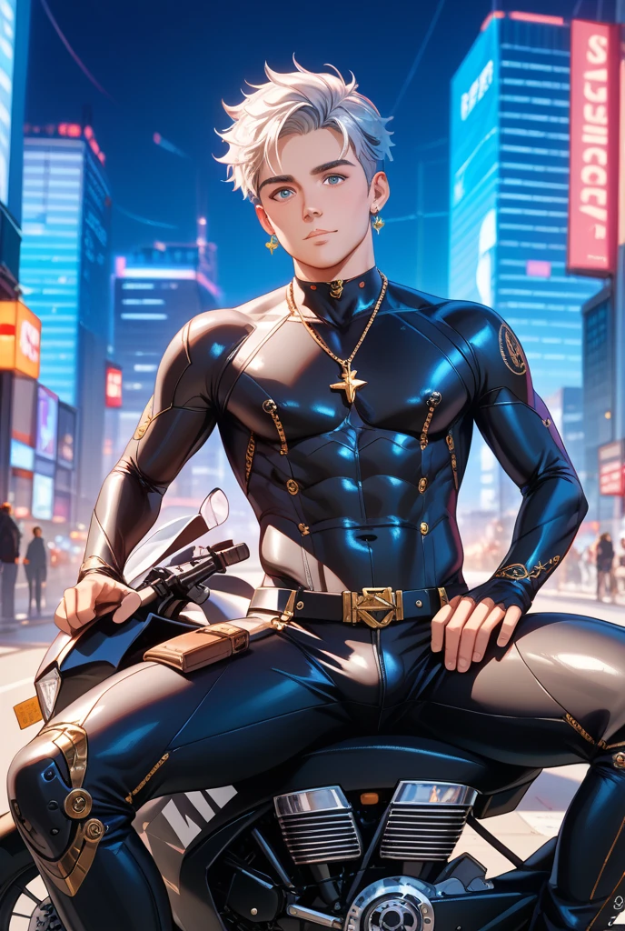 1boy age 20, muscular fit with ((bare chest)), ((white)) science fiction armor, science fiction helmet, chains, sweating heavily, musculature, necklace, raining. Big pecs, washboard abs, tan skin or fair skin, sweating. Skin visible. Legs spread wide, half-reclining, legs spread, gay yaoi bara enticing. wet body raindrops, gray sky. Front view, looking at camera