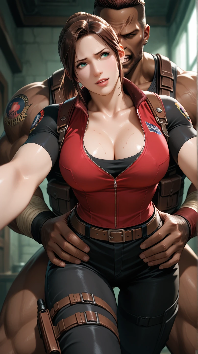 hot milf ada wong is fighting with leon with gun, unzoomed , leon is touching ada's ass,full body, full curvy fat ass, perfect figure, ultrawide angle. fat ass , perfect posture, huge ass touching, transparent bikini, perfect posing, side face showing, perfect back, perfect thighs, thick figure, fat ass.