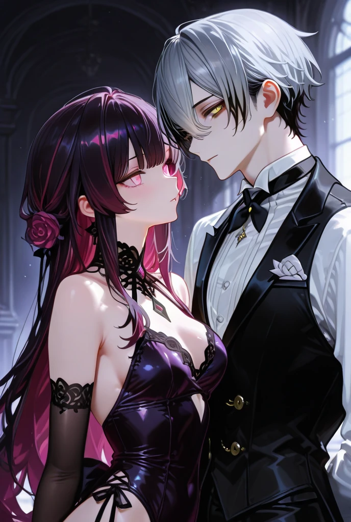 A gentleman,with red eyes and black hair with wolf cut hairstyle,wearing tuxedo,wearing earrings and necklace,eating at steak restaurants, only him,anime