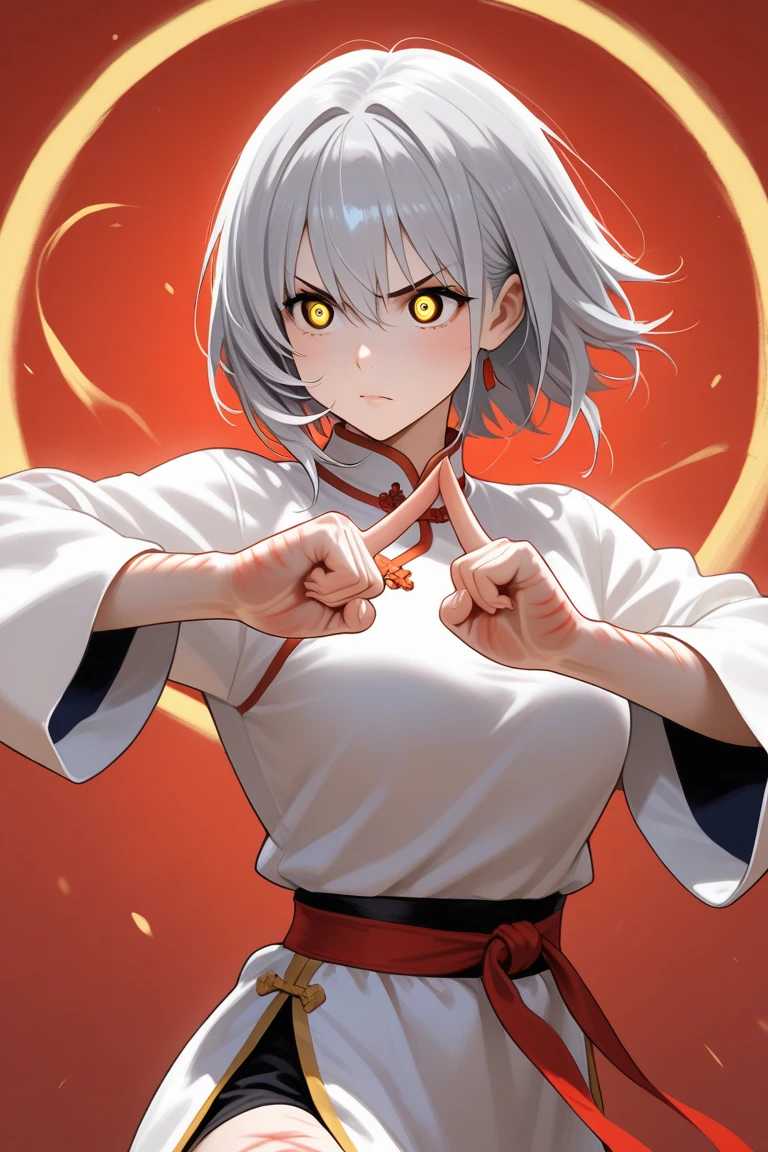 (masterpiece, absurdres, high-quality, best quality, ultra-detailed, beautiful), perfect eyes, perfect face, perfect lighting, textured skin, beautiful detailed face, (detailed face:1.4), beautiful detailed eyes, ambient light, realistic shadows, beautiful detailed pupils, cute, 1girl, solo, solo focus, beelzebub, <lora:helltakerv1 te.2-000007:1>, short hair, white hair, demon girl, demon tail, freckles, red eyes, white horns, purple lipstick, lips, blush, large breasts, kung fu, white kimono, black belt, fighting stance, punching, Kwoon, training, in the training hall, indoors, japanese clothes,