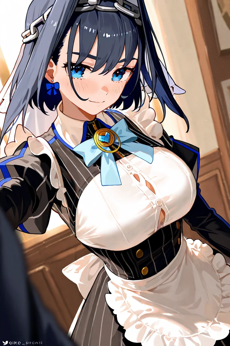 Watching the audience, One girl, Open your mouth, smile, Virtual YouTuber、With a girl、((highest quality, expensive_solve, Clear_image)),(Black Hair), (Black cat ears), (Ahoge), (((Ridiculously short hair))), (Wavy Hair), (blue eyes)、Very large breasts,Dressed in maid uniform、Draw a large face、Close-up