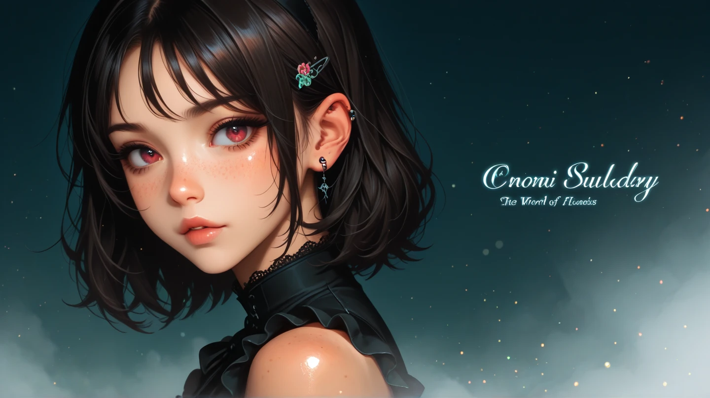 masterpiece, best quality, ultra-detailed, beautiful lighting, 1girl, goth girl, gothic, spiked collar, black hair, short hair, purple eyes, piercing, floral tattoo, eyeliner
