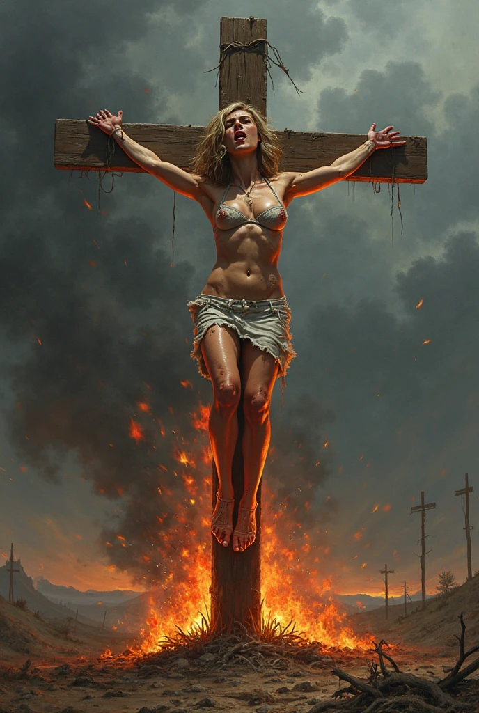 Photograph the upper body、1 girl, realisitic, Raw photo, japanaese girl, (fullnude:1.9), (beautiful countenance:1.4), 18year old, bobhair, Black hair、(Crucifixion to a burning cross engulfed in flames on stage:1.8), (Tied to a cross with barbed wire:1.5), not any dressed、(enthusiastic crowd:1.2)、Witch trials、Witch hunt