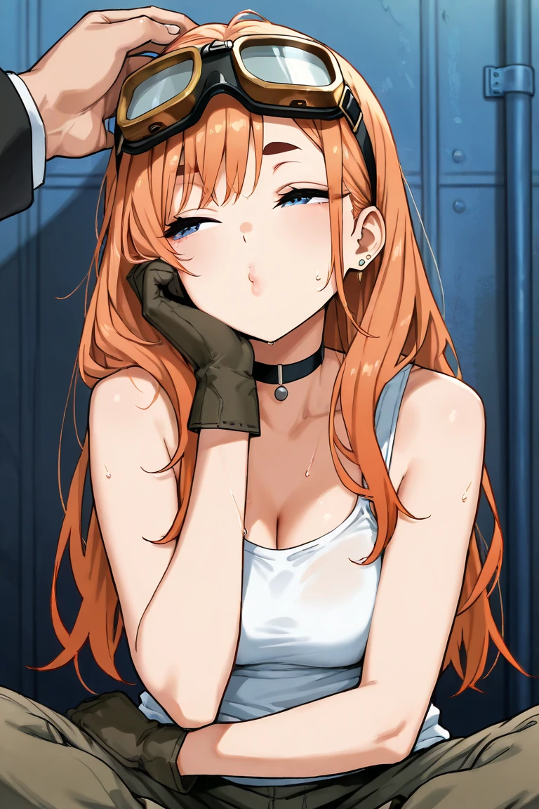 Makima \(chainsaw man\), Tenir un couteau, Pluie de sang, 1fille, seulement, Debout, Cheveux roux, long braided hair, golden eyes, frange, seins moyens, Chemise blanche, attacher, rester, Ils sourient, (be:1.2), Regarder le spectateur, (interview:1.3), background dark, pantalon, Pantalon noir, the best quality, glowy skin, Highest quality, High resolution, ventre, gigantic breast, big breast, giant breast, big ,