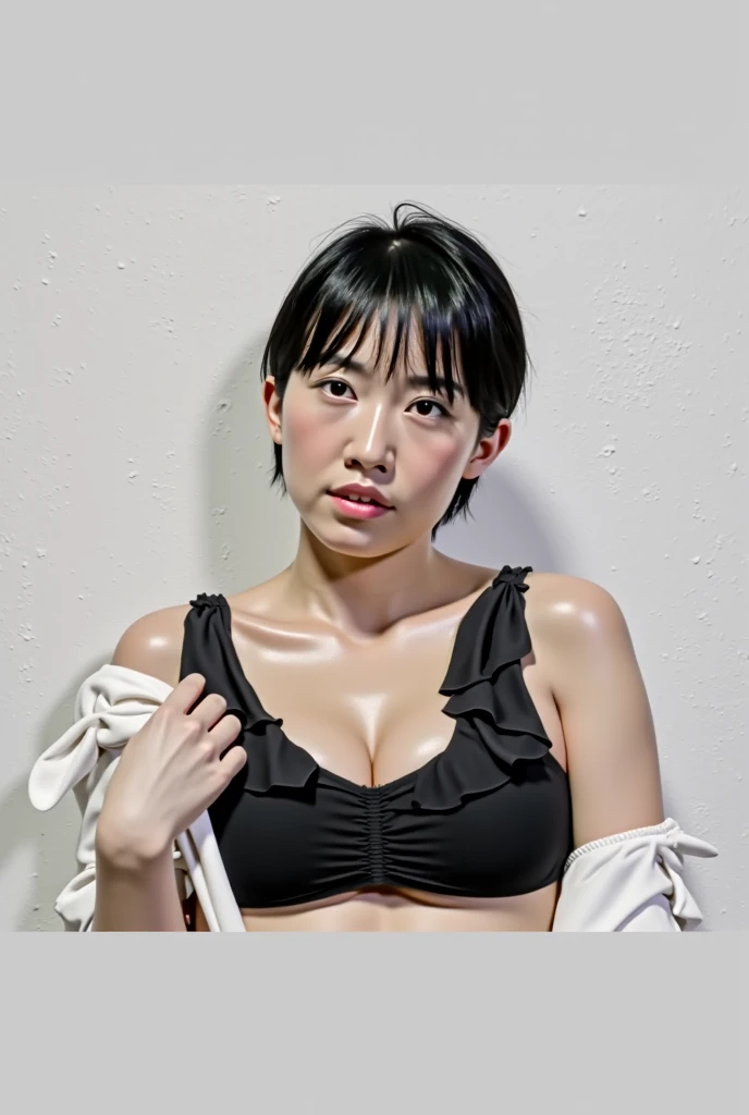 oil painting, 1girl, teen, straight black hair, Asian, short hair, standing on floor, from behind, white bra and panties