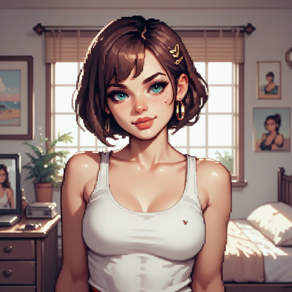 (obra-prima, melhor qualidade, Impeccable, extremo detalhe: 1.2) (1MULHER, solo, cabelo vermelho, shorts jeans, camisa branca, olhos azuis, rabo de cavalo alto, sardas, black tattoos on the arms:1), (pose, sorriso suave, retrato, fundo da cidade, urbano, rua:1), (arte digital:1)