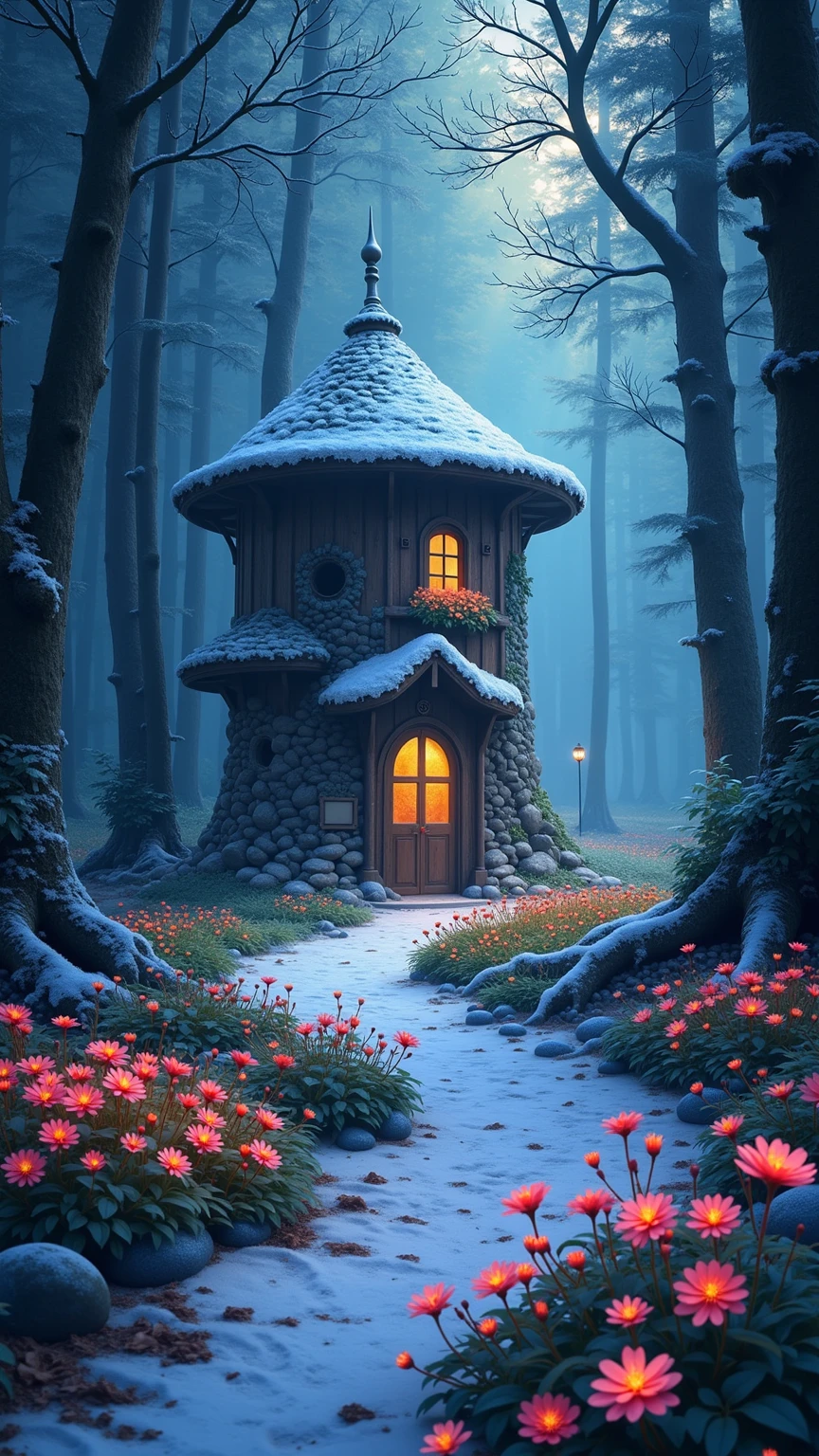 highdefinition images、 tree々and Seven Colored Flowers々、 Mysterious forest with mysterious beings、 8k 、 良質なtree々、 tree漏れ陽、 Forest believed to be a fairy house、 The soft morning sun shines through the snow。