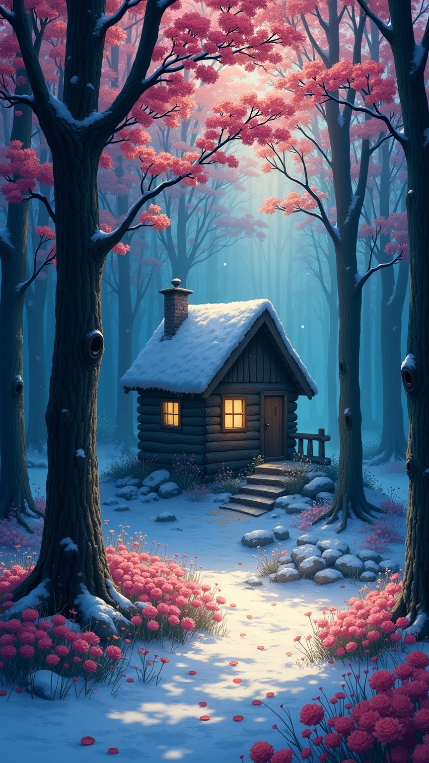 highdefinition images、 tree々and Seven Colored Flowers々、 Mysterious forest with mysterious beings、 8k 、 良質なtree々、 tree漏れ陽、 Forest believed to be a fairy house、 The soft morning sun shines through the snow。