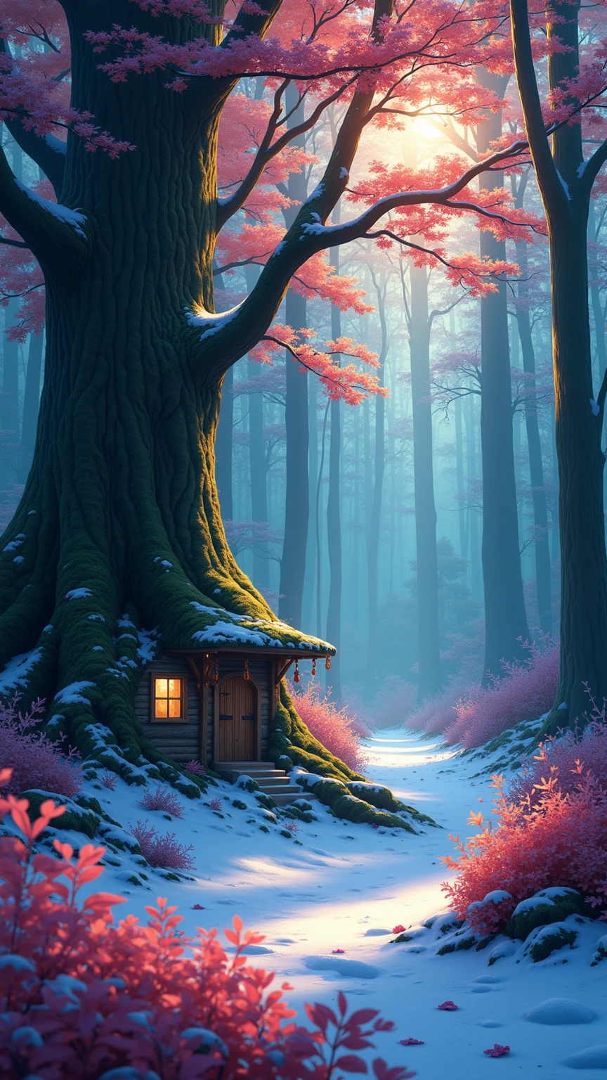 highdefinition images、 tree々and Seven Colored Flowers々、 Mysterious forest with mysterious beings、 8k 、 良質なtree々、 tree漏れ陽、 Forest believed to be a fairy house、 The soft morning sun shines through the snow。