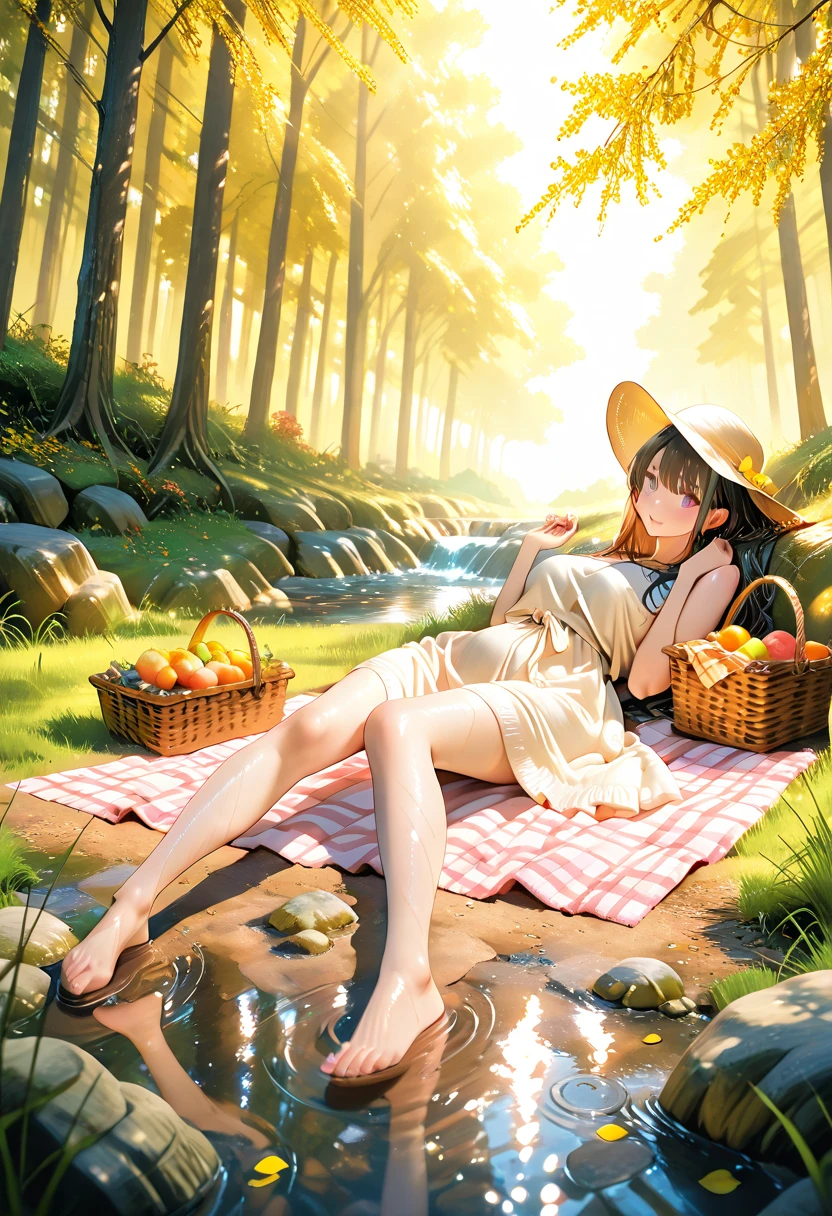masterpiece, best quality, high resolution, nsfw, 1girl, perfect anatomy, nice hands, seductive smile, no bra, medium breasts, areola, naked, pussy, picnic carpet, forest, night, detailed background, depth of field, breasts on table, breast rest