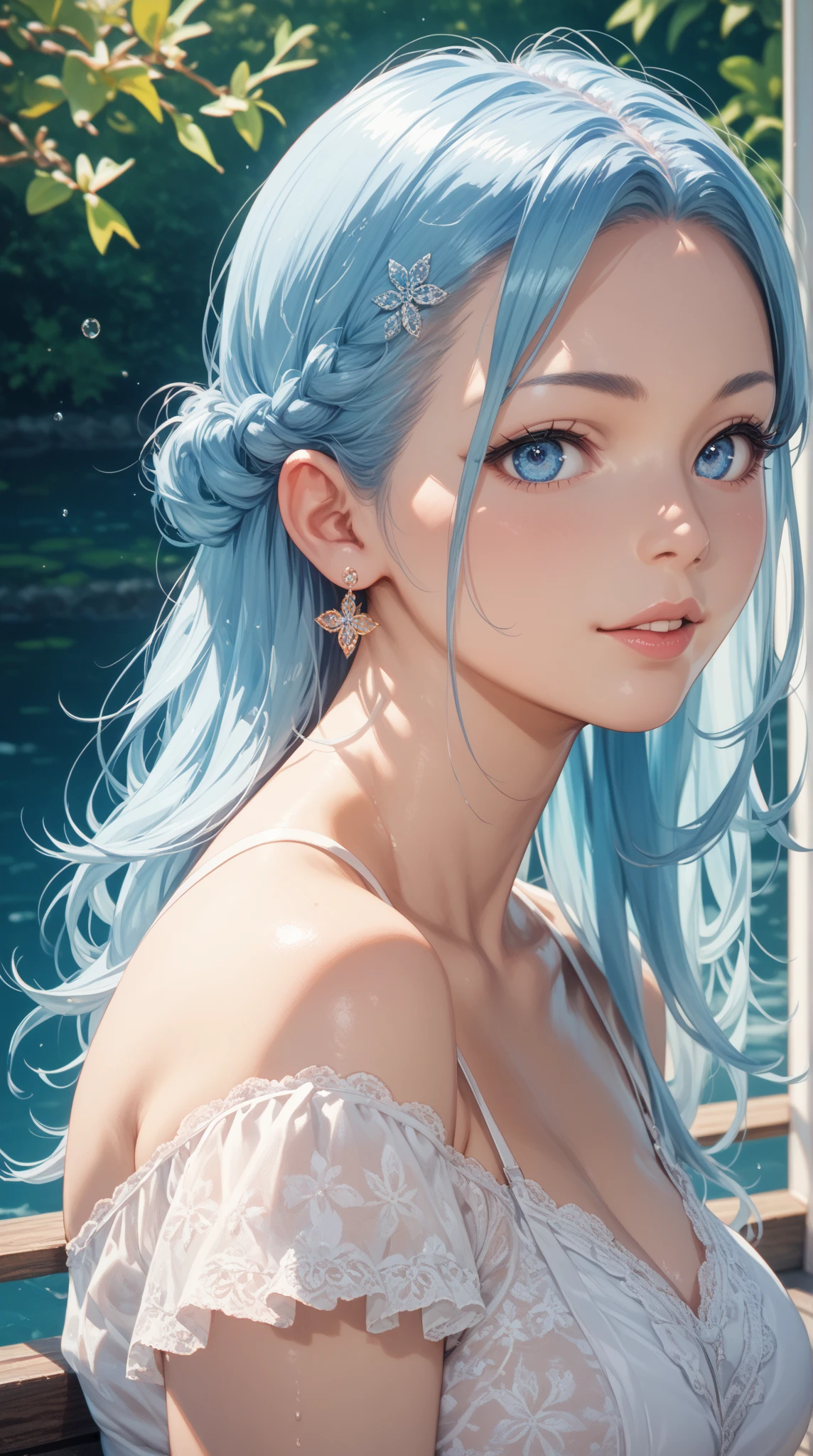 Non-NSFW、Real、(Highest quality), (masterpiece)、Ultra-high resolution、RAW Photos, (upper body)、(In the water), (In the lake:1.5), Fantasy、Looking into the camera、alone、(Undine:1.1), Beautiful Spirit、Super Beauty, (Girl:1.2), (12years-old:1.2)、Moisturized Skin、Perfect model body、Beautiful Eyes、Big eyes、Inconspicuous tear bags、slim、No bra、Beautiful fingers、Very long hair、highly saturated photos, clavicle, (immature:1.3), Splash, attractive,skinny, (sad:1.4), no_panties, ( Small breasts:1.5), Nipples, (light blue hair), (Waist-length hair:1.5), Small Ass, lips, (smile), (white sheer long dress:1.5), (from above:1.2)