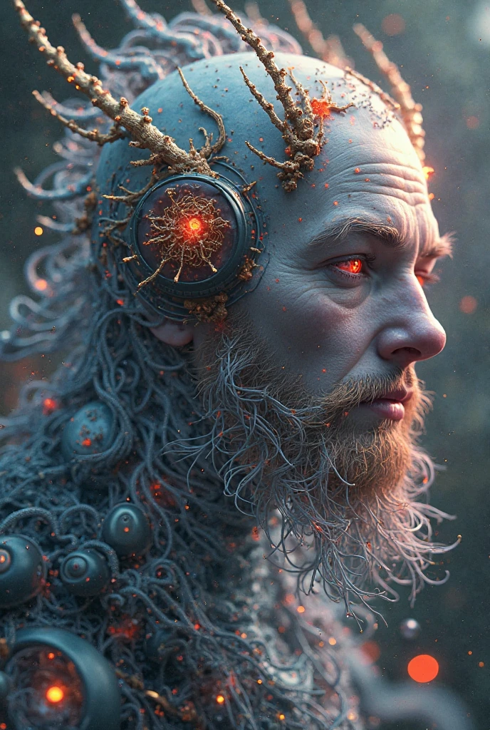 closeup Bio Art, Decopunk, Automated, Virtual Texturing, Unity engine, Realist, Digital Painting, Collage Art, , Fog, Full Depth, 4K, Futuristic, male Telepathic Communicator Wizardess Frost Giant