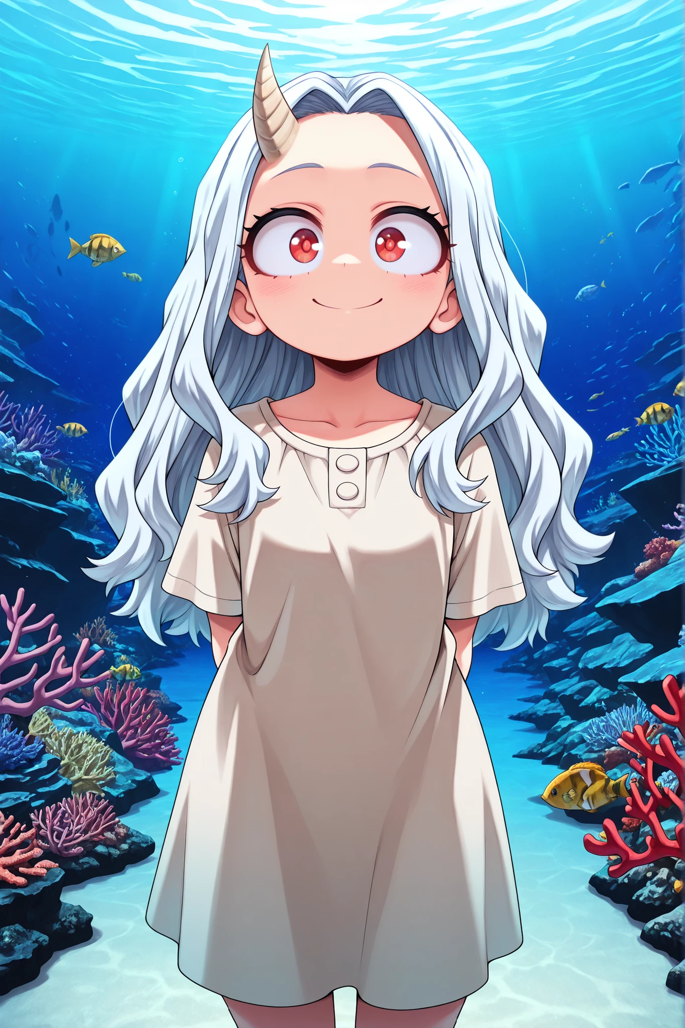 1 girl, solo, normal, smiling, looking at viewer,
Academia Eri, 
Eri, long hair, red eyes, white hair, horns, one horn,
(masterpiece, best quality, very high resolution), masterpiece, high resolution, perfect anatomy, anime style, anime screenshots, 8K wallpaper, ultra high quality, (highly detailed CG), (perfect lighting), (sharp image of), AddXL,

hands behind back, crouching, aquarium, ocean floor, coral, fish, cowboy shot, solo, looking at viewer
masterpiece, high resolution, absurd, detailed face, beautiful face, detailed eyes, beautiful eyes, latest, best quality, good quality, great quality, amazing quality, very beautiful,