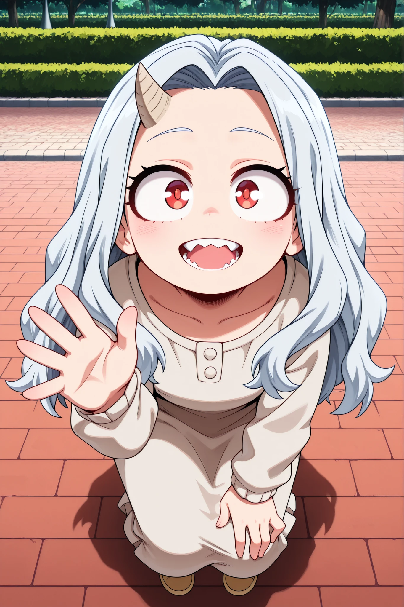 1 girl, solo, normal person, smiling, looking at viewer,
Academia Eri,
Eri, long hair, red eyes, white hair, horns, one horn,
(masterpiece, best quality, very high resolution), masterpiece, high resolution, perfect anatomy, anime style, anime screenshots, 8K wallpaper, ultra high quality, (highly detailed CG), (perfect lighting), (sharp image of), AddXL,
From above, leaning forward, crouching, open mouth, smiling, waving, masterpiece, park, looking at viewer
masterpiece, high resolution, absurd, detailed face, beautiful face, detailed eyes, beautiful eyes, latest, best quality, good quality, great quality, amazing quality, very beautiful,