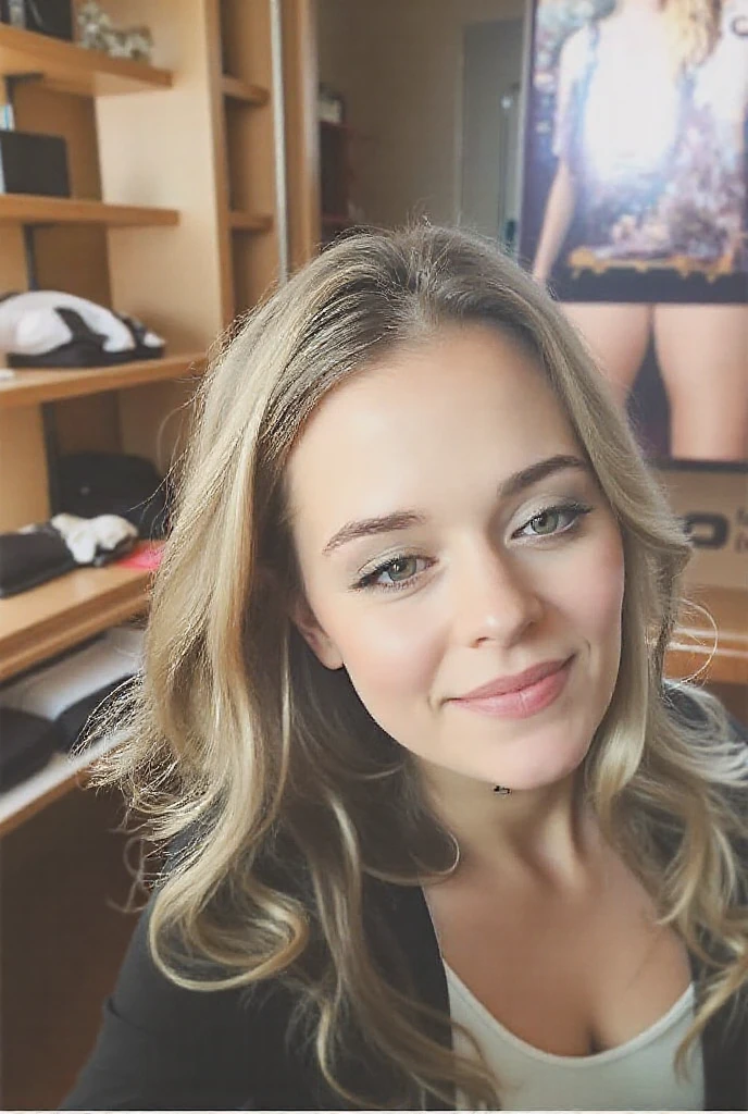 (cowboy shot:1.2), Hayley Grice with mud-blonde hair with highlights_. smile, hair - green, arranged under voluminous pixies
Dressed in a dark green suit, her face is turned straight, a news anchor