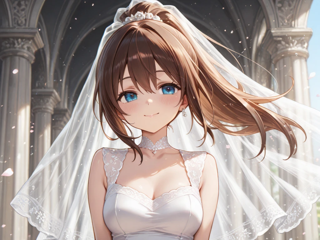 Waist-length hair tied in a high ponytail、Beauty、sexy wedding dress