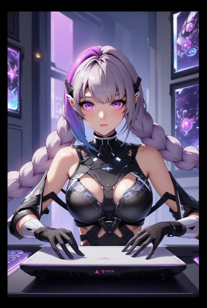 1girl(masterpiece, round_iris, extremely crisp crystalline shiny purple eyes, perfect_anatomy, extremely_captivating_hypnotic_mystic_eyes, ) perfect face, long pink hair, smiling evil, big breasts, kawaii pink fabric dress, gamer girl, gaming room, dynamic pose, best quality, 4k
