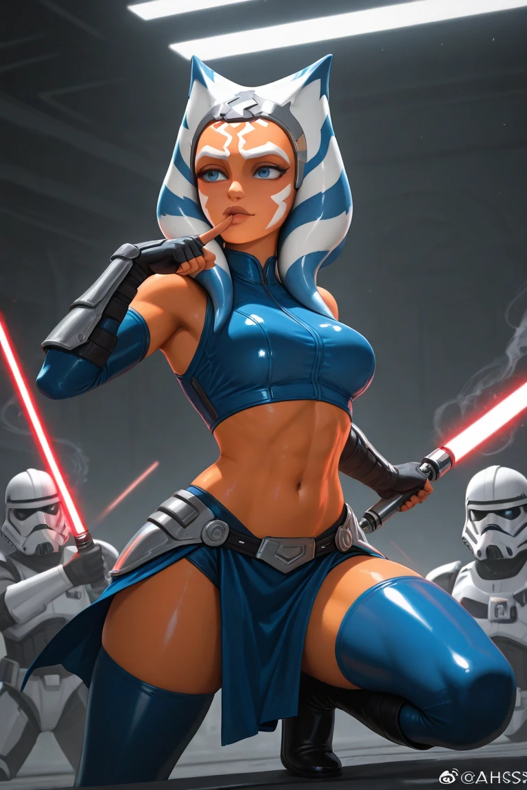 score_9, score_8_up, score_7_up, score_6_up, BREAK Ahsoka, wearing smuggler outfit, cleavage, medium breasts, seductive smirk,sweating, wide hips, big ass, on a spaceship, in space