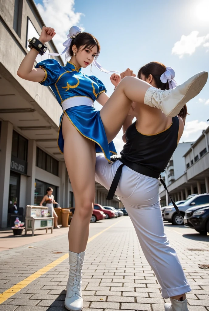 Realistic image of Chun Li, The street Fighter II, launching a kick over the observer. exterior, Chinese commercial street, Ultra detailed, open mouth, panties,