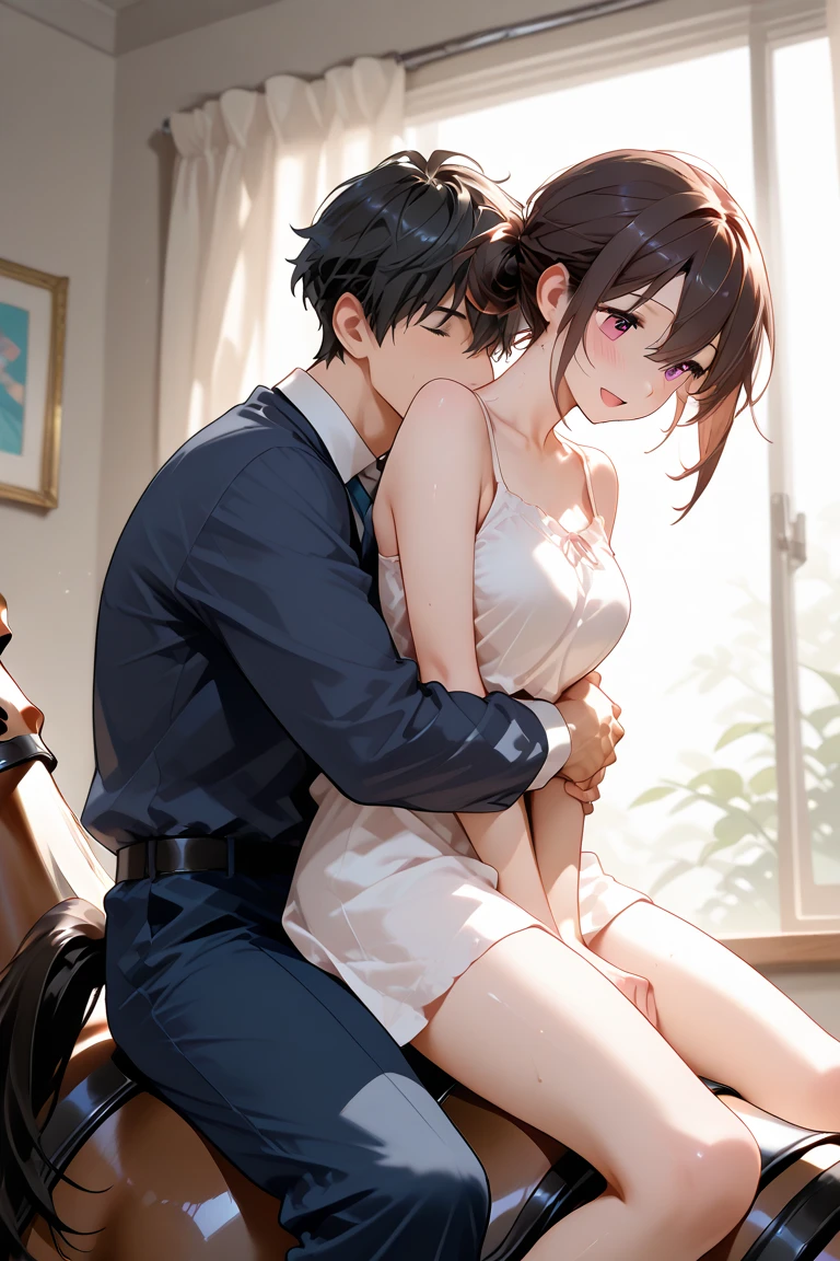 (((masterpiece, Highest quality, High resolution, 超High resolution, Perfect Pixel, Depth of written boundary, 4K, RTTX 10.0))), Beautiful Anime Woman, Beautiful art style, Anime characters, ((Smooth texture, Realistic texture, Anime CG Style)), Exact finger count、Exact number of legs、(Exact number of arms:1.0, Exact number of hands:1.0), (Perfect hands, Perfect Anatomy), Cinematic, Realistic, Extremely detailed CG, Daytime lighting, Perfect lighting, Best Shadow, The best natural light, whole body, Perfect body, バランのとれたPerfect body, Perfectly balanced style, Slender body, ((Long Hair, bangs, Reddish brown hair, Stylish bob cut)), ((A woman straddling a man in a suit who is lying on his back on the floor:1.8)), (Inserting penis into vagina while wearing panties, Sex in cowgirl position with panties on:1.5), Accurate male body, (pussy juice:1.6), ((Bow tie around neck:1.3), (Sexy and cute white underwear:1.3), (Stylish shiny white satin panties, Side-tie panties, Panties with plain white center and lace decoration on the sides:1.3), (Thin panties with red ribbon:1.3), (White micro lace satin bra, White bra with lace trim, Thin bra with red ribbon:1.3), (garter belt, Knee socks:1.3):1.3), (Beautiful and big breasts:1), (Embarrassed expression:1.4), blush, (sexual pleasure expression:1.5), (Facial expressions holding back pee:1.4), (Look up, Half-close your eyes:1.6), (Stylish bar, Stylish cafe, Being seen by other customers, Affair at the cafe, Sexual services at cafes:1.5), naked, In underwear, Waitress in underwear, (Frilly maid-like headband:1.2), whole body, Angle from the front