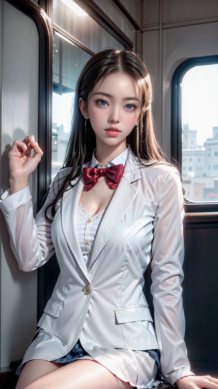 op quality work，Actual work，Ultra Premium Graphics，8K HD CG works，High quality graphics，High-definition CG works，10x pixels，Extremely fine detail：1.1，Advanced Technical Details：1.1 Photorealistic，Indoor lighting effects：1.5，Natural light：1.5. Light effects（virtual Light effects：1.8），超A high resolution，shiny red dress，長いSilver Hair，Silver Hair，Transparent Hair，Hair with attention to detail（premium hair detail：1.1）Clear Eyes，Beautiful double eyelids，Sharp eye makeup, Delicate eyelash makeup, Thin eyebrows, Highly detailed eyes，High nose, Nice red lips, Rose Cheeks, A face with delicate makeup , Cute face, perfectly balanced face,（Advanced Face Detail：1.1），Shiny，wonderful dress，bright red series，(White Blazer) 、(White blouse)、(Red bow tie)、(Check skirt)、(No bra)、、girl 、photo shoot，woman&#39;artwork of，Full body portrait，realism，wonderful，My eyes are shining today,Girl sitting with her legs crossed、Help the old janitor masturbate.