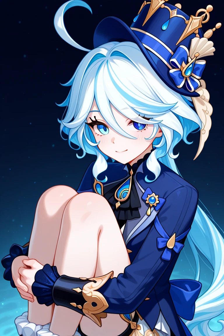Personaje furina de genshin impact, de cabeza hasta los zapatos y con su ropa detallada
