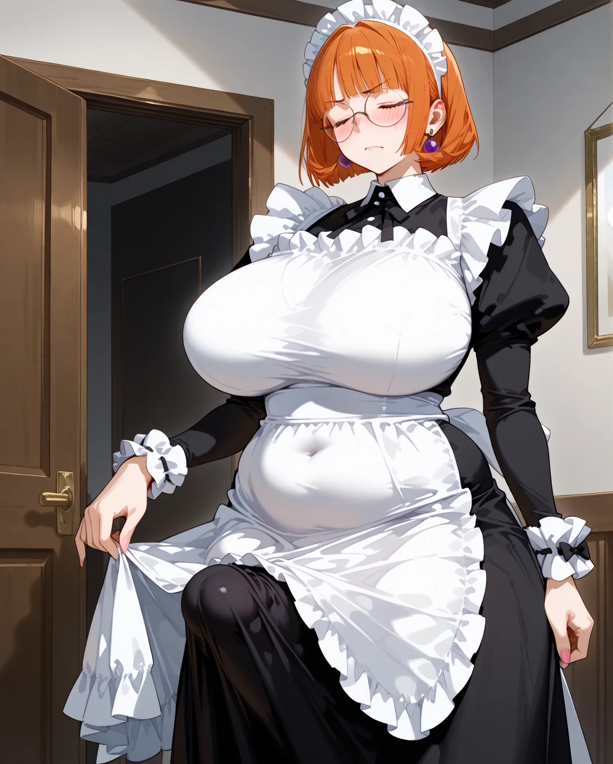 ((1woman/maid outfit black/tight on body/huge breasts, being hugged by an old man, she gets bland with red face/liking)), Unreal Engine 5,masterpiece, anime style,Max resolution/quality/sharpness/detail,short hair slick, room in luxury hotel room.