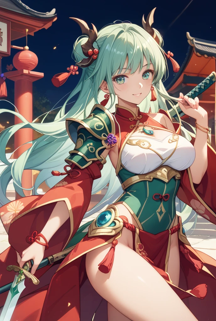 (masterpiece), best quality, expressive eyes, perfect face,1girl,xiao_(genshin impact),(cute magical girl costume:1.4),(big breasts),,thighhigh heels,outdoors,green hair,middle hair,cleavage,looking at viewer,smiles,demon mask, tatoos, eyeshadows, eye liner,glistening eyes, hyper detailed eyes, intricate eyes, beautiful eye, yellow eyes,standing,fighting stance,full-body shot,holding weapon,glowing green spear