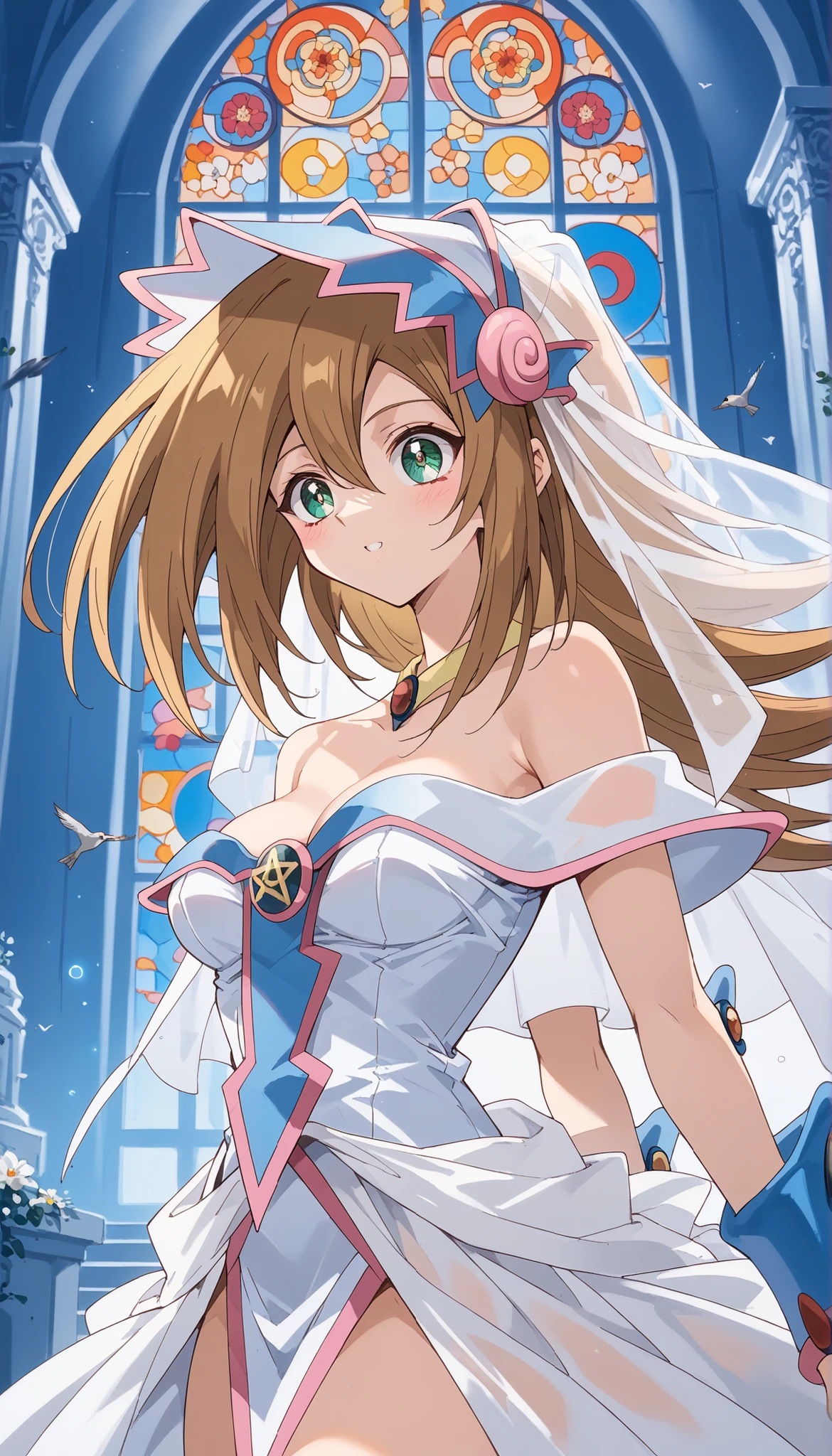 NSFW ((dark Magician girls)Top Quality, high image quality, 16k, very absurd, very well detailed, 2.5D, delicate and dynamic, church, Colourful Stained Glass, Small, Faint Light and Flying Fireflies, night , starry sky, Milky Way, nebula, shooting star, flower, bird, Wind and Moon, Xiaoyan, Extremely delicate facial expression, delicate eye description, upper body closeup, erotic, the only sexy woman, Healthy body shape, A woman , bride, 150cm tall, SMALLE BREASTS, Colorful Tiaras, long wedding dress with intricate structure , colorful long wedding dress, ruffle see-through long wedding dress , super long cape brown hair