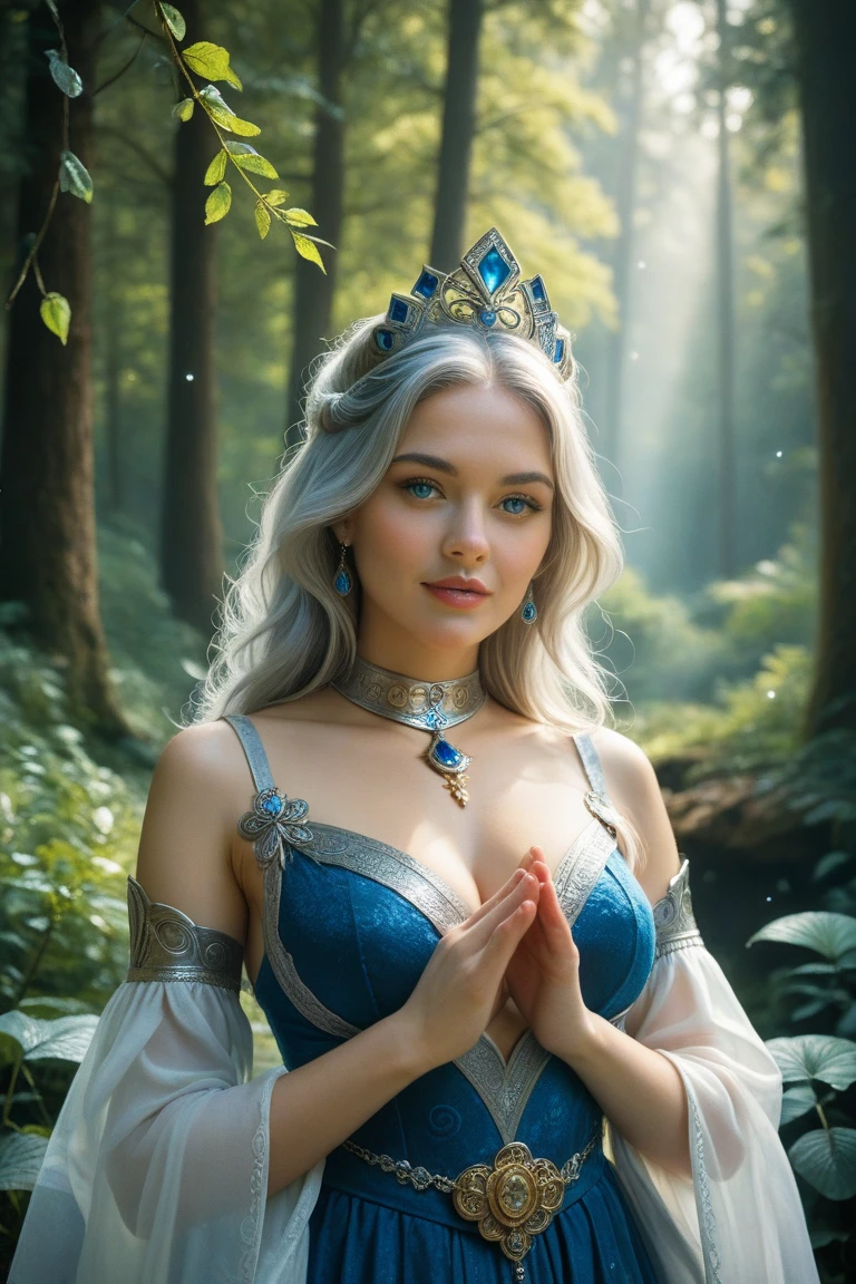 FACE SHOT OF BEAUTIFUL BOMBSHELL DOLKIN ELF WOMAN, 30 YEARS OLD, HUGE LONG PLATINUM HAIR, VERY PALE SKIN, EXPRESSIVE TURCOISE EYES, LOVELY FACE, ENIGMATIC FACE EXPRESSION, GORGEOUS LIPS, ROSY CHEEKS, HIGH CHEEKBONES, MENTAL FORAMEN, EXPOSED TIP EARS, SILVER TIARA, PLATIMUN EYEBROWS, FULL NECK CLEAVAGE, LIGHT BLUE NECK DRESS, ATHLETIC CURVY BODY, FRONTAL ANGLE SHOT, DEEP FORREST, DAYLIGHTS, BACK LIGHTS, SUN LIGHTS, MASTERPIECE, ACCURATE IMAGE