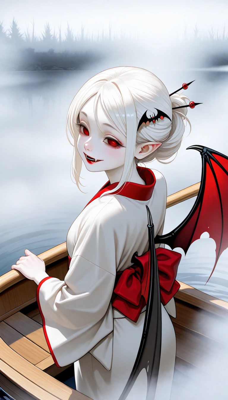 Very High resolution,Realistic and mature anime-style anime-style,Rich colors,masterpiece,best quality,amazing quality,hyper-detailed,very aesthetic,(fog:1.5),A wooden boat crossing the river,A female vampire stands at the front of the boat rowing,White hair,A red bat-shaped hairpin, White skin, Red eyes, (Narrow eyes:1.2),Red lips,the upper canine teeth are sharp and long vampire fangs,(long vampire fangs:1.4), (evil smile:1.2), Bat wings growing from her back,She is wearing a kimono with a bat motif,(from above)