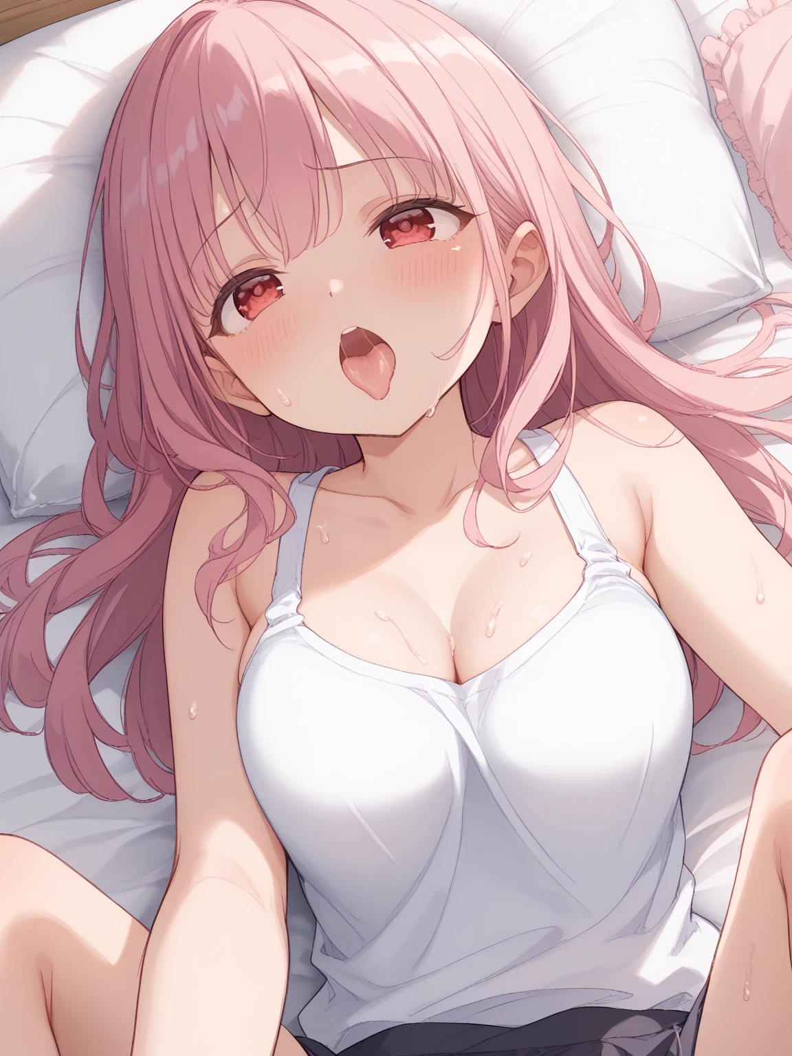 (((full nude)))、droopy eyes、white skin、slightly fat figure、((big breasts:1.3))、random hairstyle、((Light pink hair color))、dull bangs、spread your legs wide open、((sleep on your back in bed))、((ahegao))、A look of climax、open your mouth and scream、((stick out tongue))、shed tears、half-open eyeouth smiles、smiling mouth