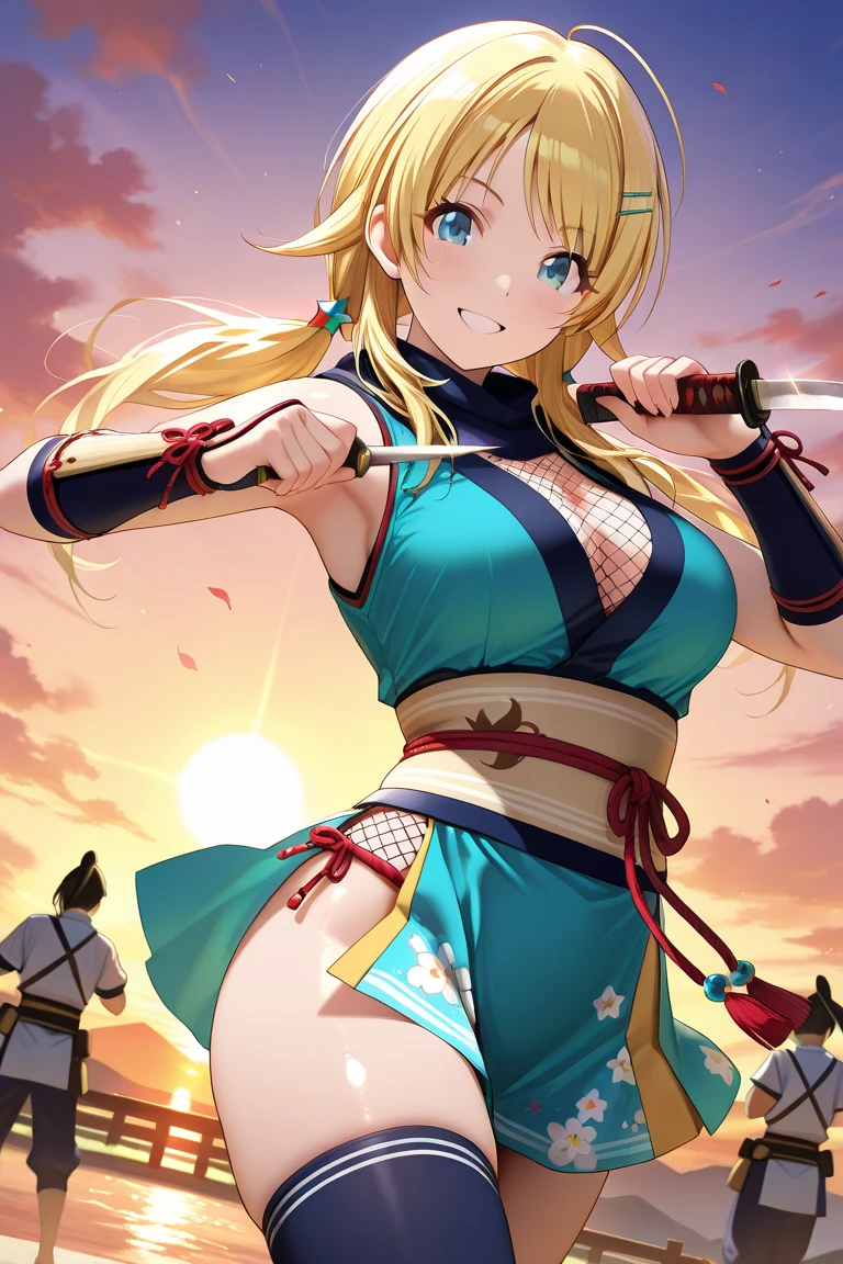 One girl, medium long hair, blonde, blue eyes, youthful appearance, slightly large breasts, (slightly large breasts: 1.4), cleavage, exposed shoulders, standing, collarbone, full body, ponytail, thighs, open lips, kimono, shiny, arms up, shiny hair, shiny skin, open bangs, obi, high ponytail, revealing clothing, rope, pelvic curtain, ninja