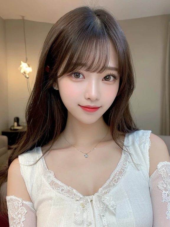 ((top-quality、8k、masuter piece:1.3))、1 female、a beauty girl:1.3、(Hairstyle halfup、huge tit:1.2)、Off-shoulder top:1.2、inside the house、hyperdetailed face、ultradetailed eyes、二重まぶた、a smile