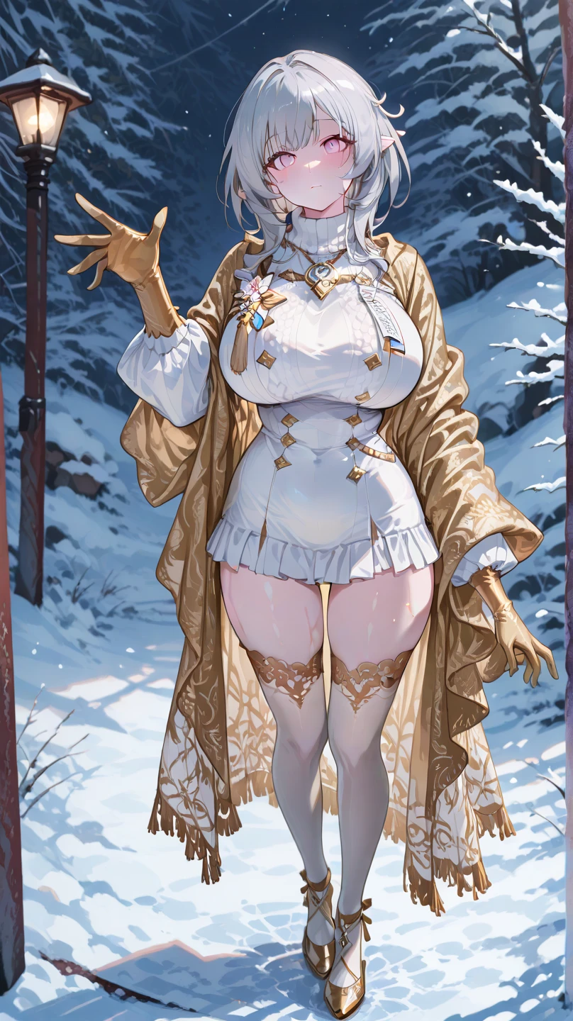 ((mature_female:1.33), elf queen), elven dress, long dress, pregnant, busty, pale skin, long white hair, cleavage, (snowy mountains:1.33), standing, full body