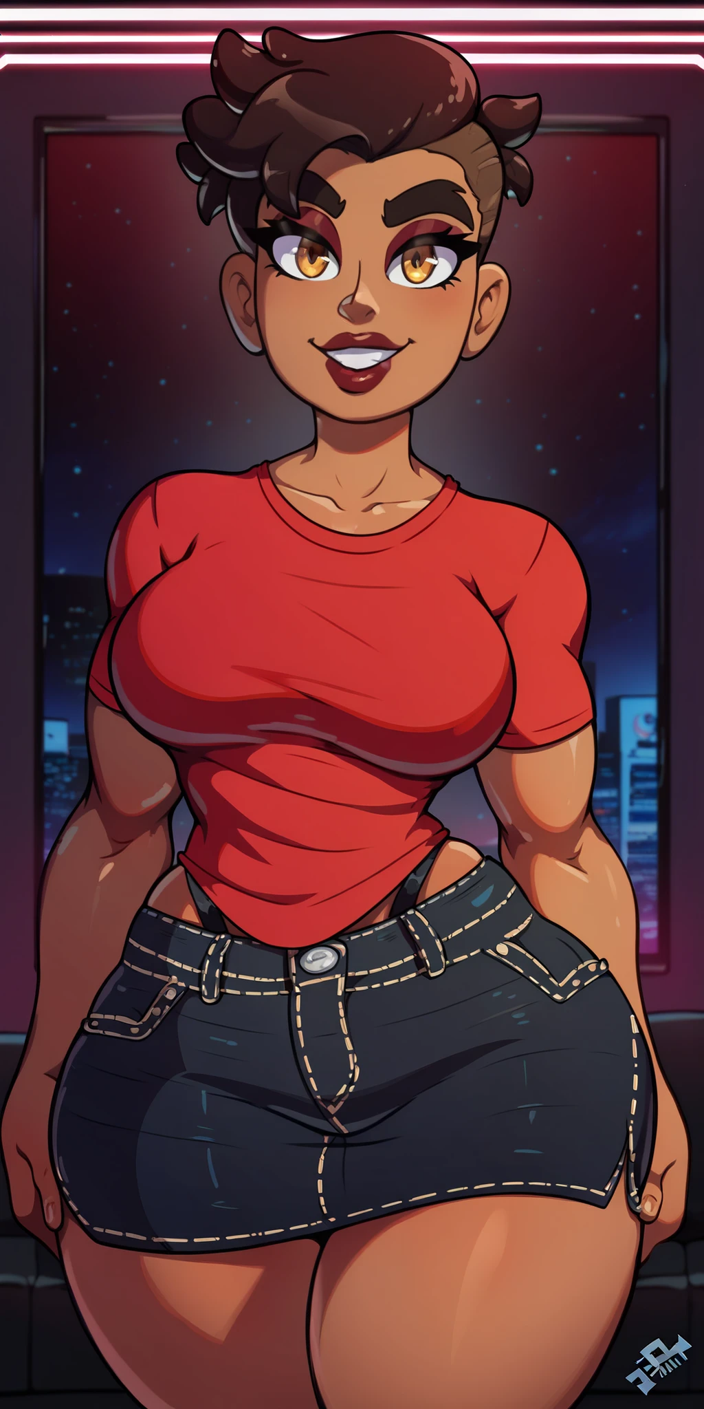 Girl with black skin, braided brown hair, Box braids, black eyes, smiling, super tight jeans big hips, hands down, black bra, white tube top , white top, bare shoulders, big circle gold earrings, freckles, big lips, on a rooftop, nyc skyline in the background, blue skies big clouds