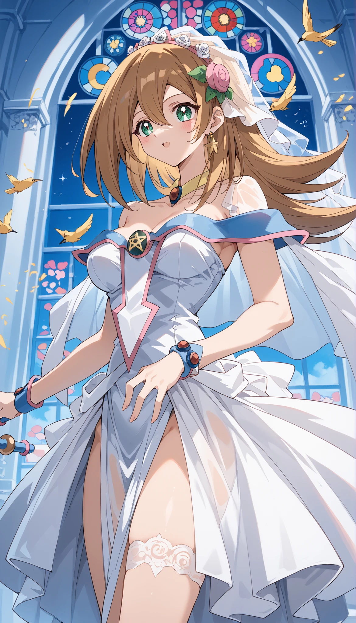 NSFW ((dark Magician girls)Top Quality, high image quality, 16k, very absurd, very well detailed, 2.5D, delicate and dynamic, church, Colourful Stained Glass, Small, Faint Light and Flying Fireflies, night , starry sky, Milky Way, nebula, shooting star, flower, bird, Wind and Moon, Xiaoyan, Extremely delicate facial expression, delicate eye description, upper body closeup, erotic, the only sexy woman, Healthy body shape, A woman , bride, 150cm tall, SMALLE BREASTS, Colorful Tiaras, long wedding dress with intricate structure , colorful long wedding dress, ruffle see-through long wedding dress , super long cape brown hair