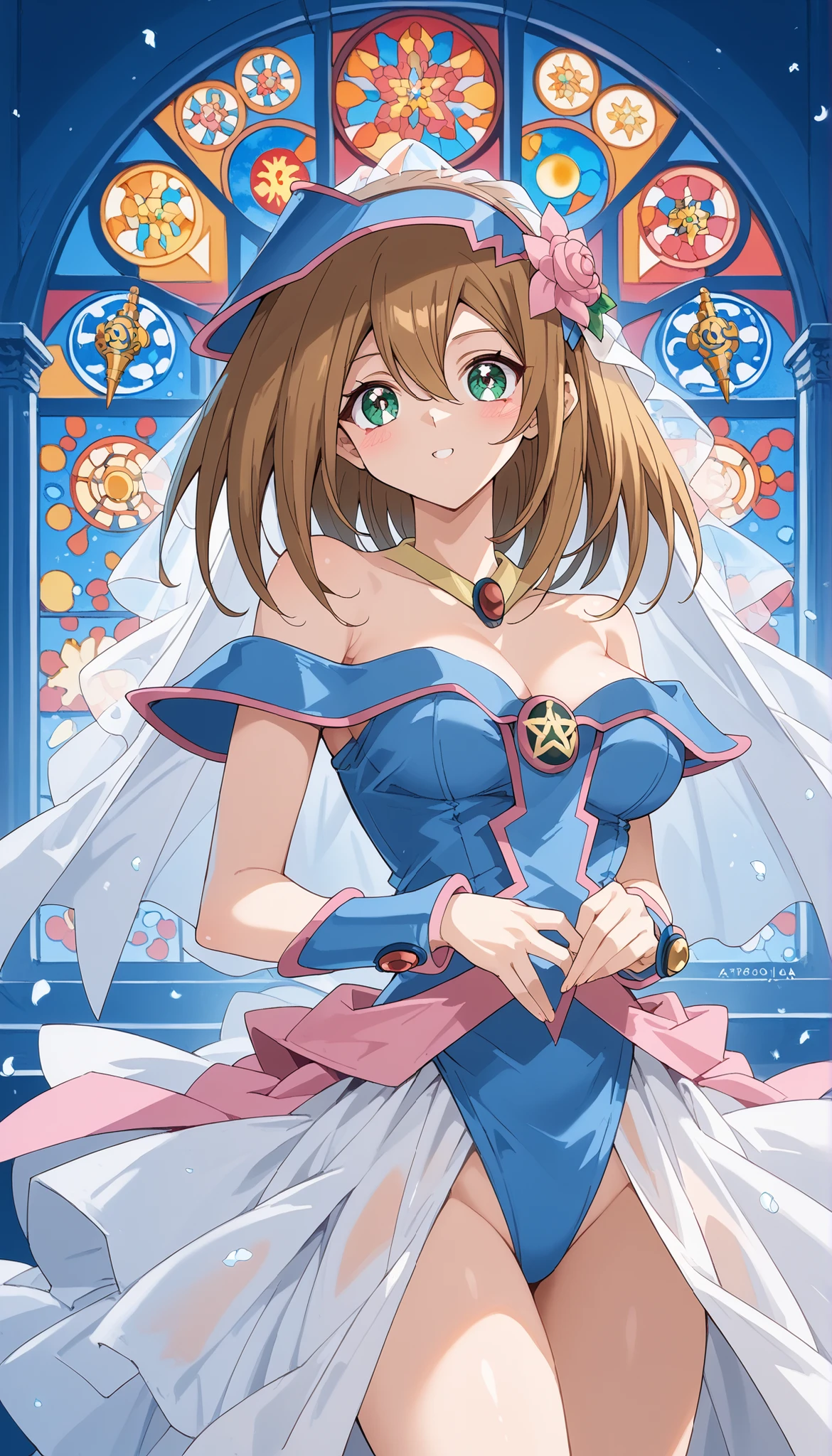 NSFW ((dark Magician girls)Top Quality, high image quality, 16k, very absurd, very well detailed, 2.5D, delicate and dynamic, church, Colourful Stained Glass, Small, Faint Light and Flying Fireflies, night , starry sky, Milky Way, nebula, shooting star, flower, bird, Wind and Moon, Xiaoyan, Extremely delicate facial expression, delicate eye description, upper body closeup, erotic, the only sexy woman, Healthy body shape, A woman , bride, 150cm tall, SMALLE BREASTS, Colorful Tiaras, long wedding dress with intricate structure , colorful long wedding dress, ruffle see-through long wedding dress , super long cape brown hair