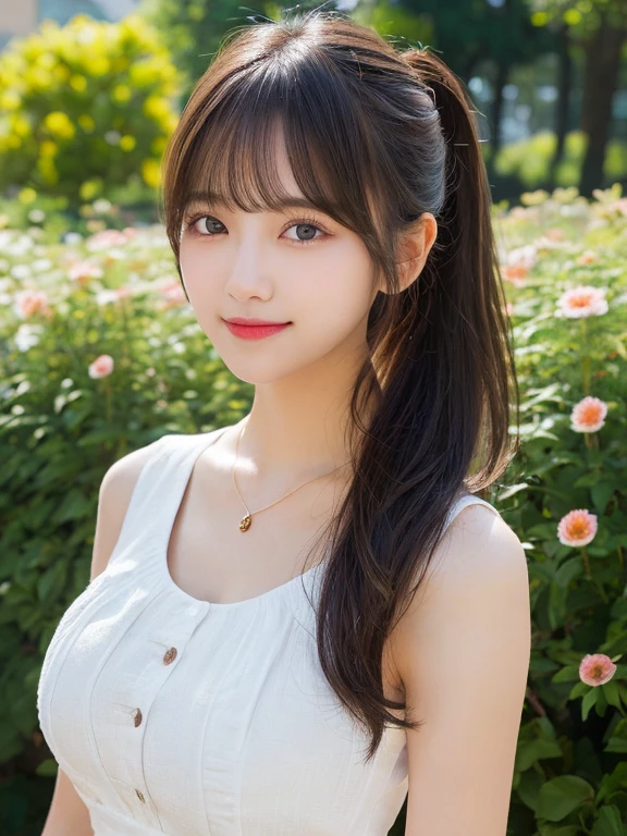 ((highest quality)), ((masterpiece)), (detailed), Perfect face ponytail By the pond Japanese women smile 1people Above the waist White shirt Cleavage