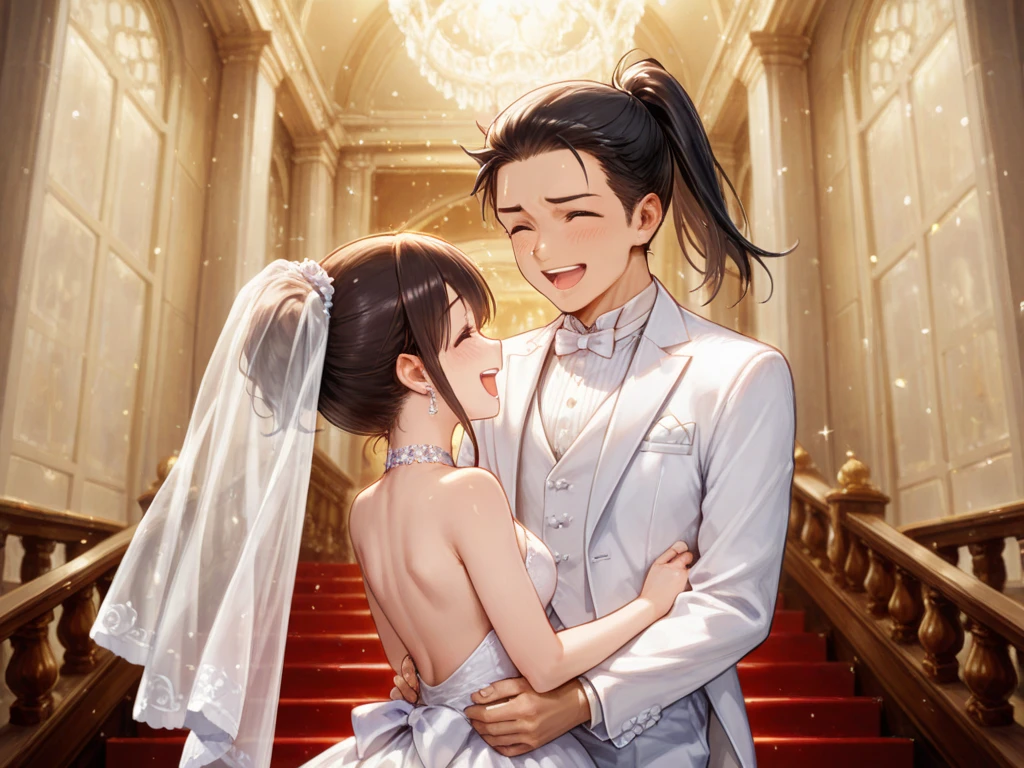There are two people sitting at a table，There was a vase of flowers on the table, cute couple, wedding photo, Happy couple, luxurious wedding，artbook style