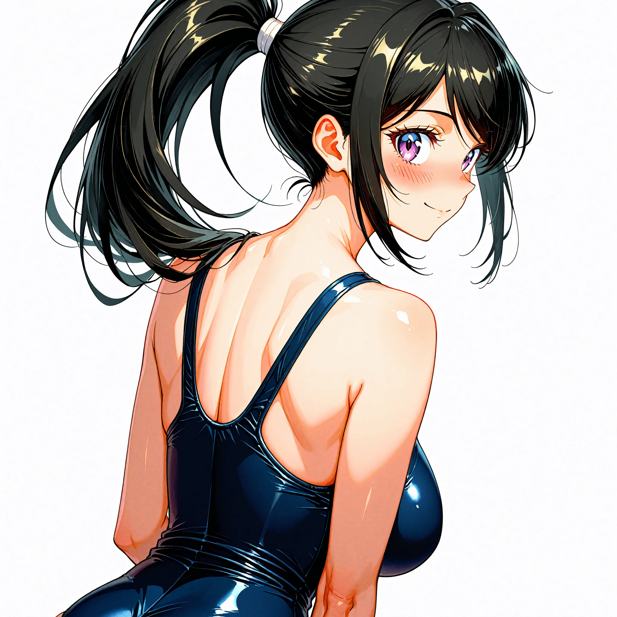 1girl,
eve \(stellar blade\),
solo, long hair, looking at viewer, black hair, large breasts,mature female, brown eyes, upper body, ponytail, looking back, blunt bangs, from behind, see-through, science fiction, see-through sleeves, mechanical parts,
masterpiece, newest, absurdres, questionable, <lora:eve-v1-sdxl:0.85>