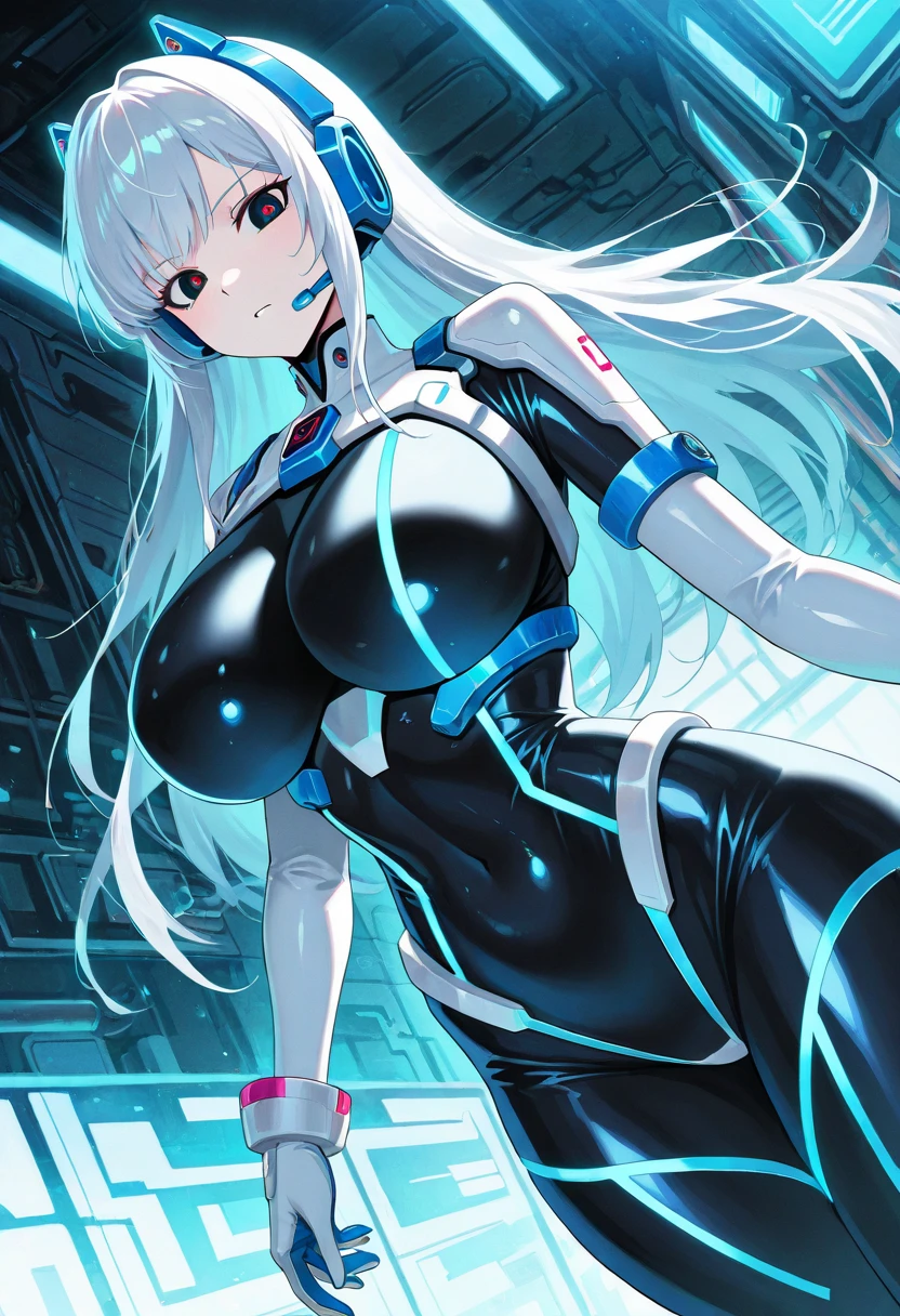 ​masterpiece:1.4, 1girl in ((20yr old, Wearing a futuristic white and silver costume, Tight Fit Bodysuit, long boots, Very gigantic-breasts, (Colorful blue hair):1.3, a short bob, Perfect model body, Blue eyes:1.2, Wearing headphones, Looking out the window of the futuristic sci-fi space station、While admiring the beautiful galaxy:1.2, SFSF control room on night background:1.1, Neon and energetic atmosphere:1.2)) ((Galaxy))