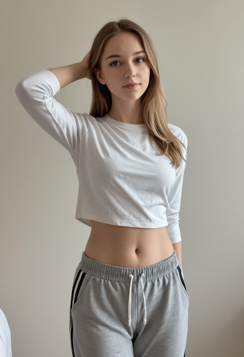 female supermodel stands beside abstract, wall art in an art studio. White T-shirt and white jeans. Abstract. Animated expression. Smirk. Dynamic movement. Left leg up. Hands swinging.