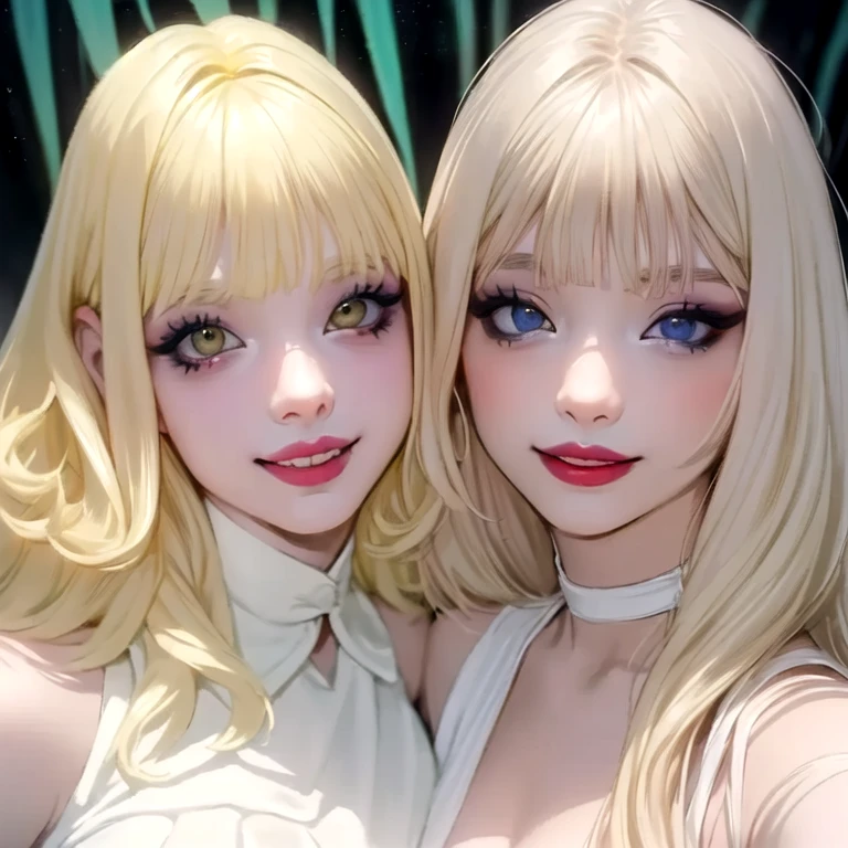 works, best quality, girl, long hair alternative, absurdly long hair, blonde hair, bow hair, aqua eyes, seductive smile, tongue, black eyes, longeyelashes, big breasts, mole on the chest, white shirt, short black skirt, shoes, pendant, hair ribbon, flower ribbon, hair_ribbon, hair_ribbon, hair_flower, (two heads), (2heads:1.5), woman with two heads, conjoined twins