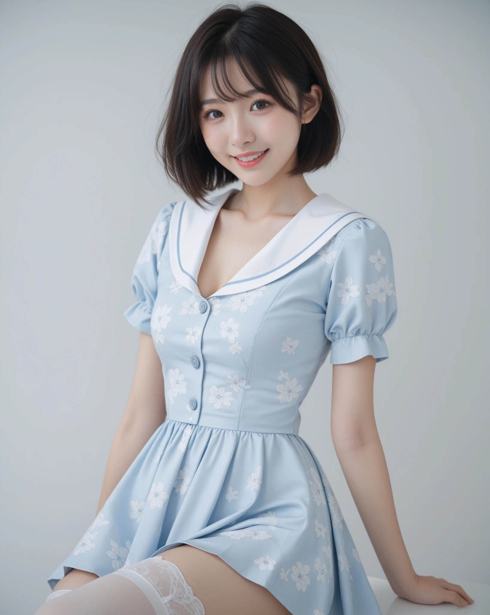 Japanese women, (Underweight), (Highest quality:1.5), (Bright smile:1.3),(Big Breasts:1.3)
, fun, walk, Long Hair, (A sleeveless dress with small blue round polka dots and buttons on the collar and chest), Bright atmosphere, Full Body Shot, Low angle shot、No background